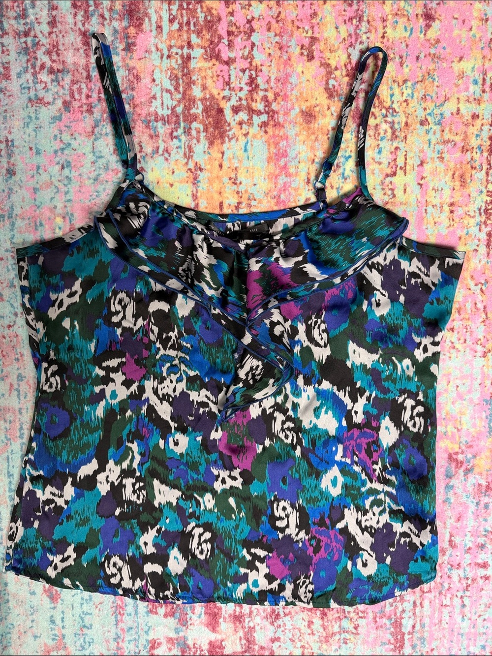 Ali & Kris Teal, Purple & Black Abstract Ruffle Cami